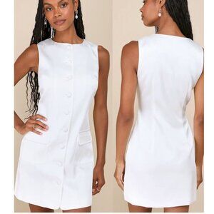 Lulus Sophisticated Icon White Satin Button-Up Mini Dress With Pockets Large NWT